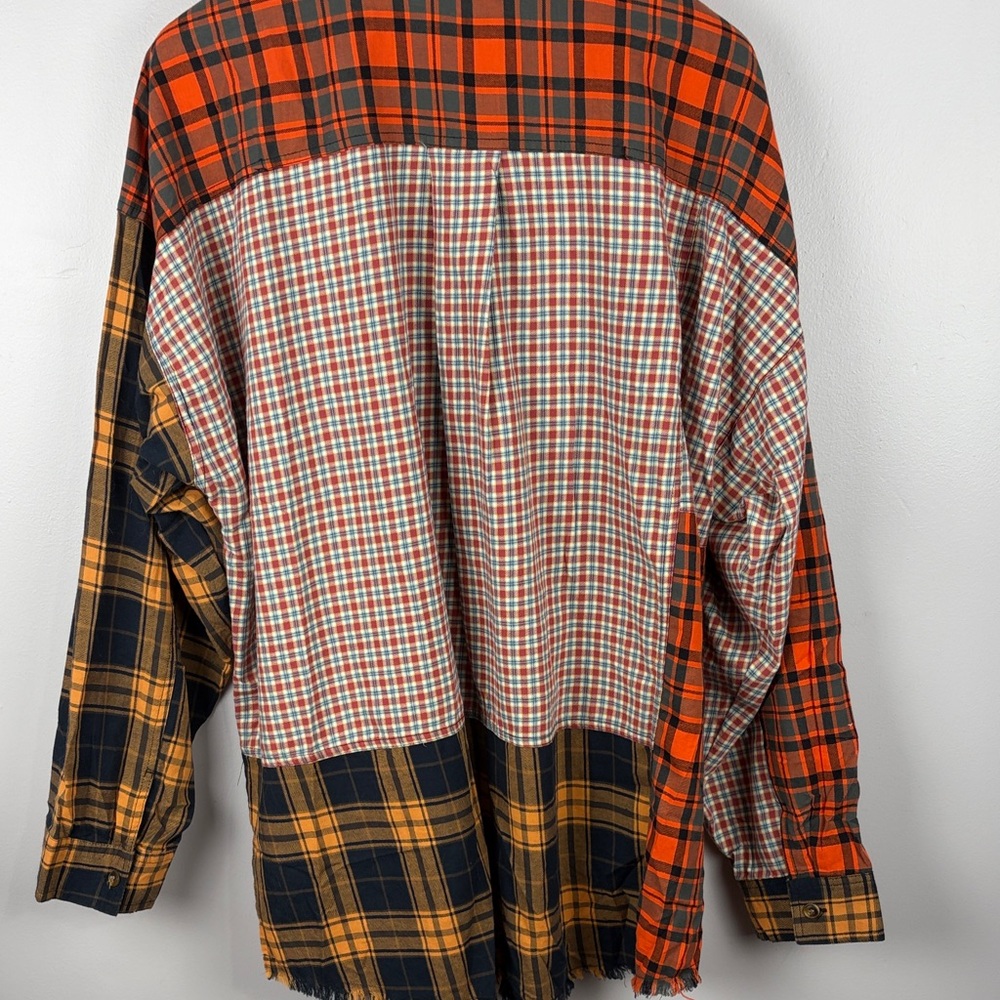 Easel Plaid Patchwork Button Down Shirt - Orange,… - image 6